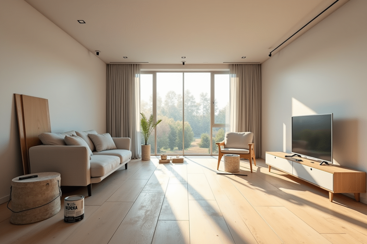 Salon moderne en renovation avec outils et matériaux