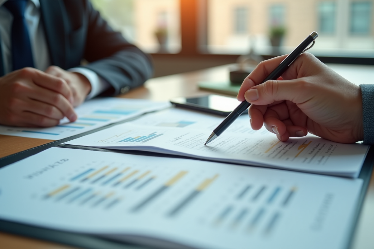 Banquier passant un contrat et un stylo au client dans un bureau lumineux