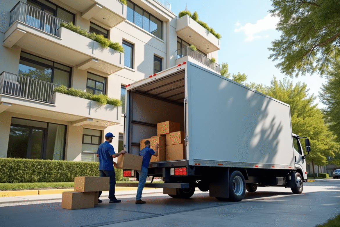 Camion de déménagement moderne devant un immeuble résidentiel ensoleillé