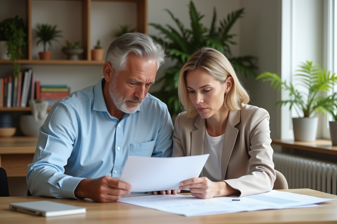 Couple d'adultes analysant des documents financiers à la maison