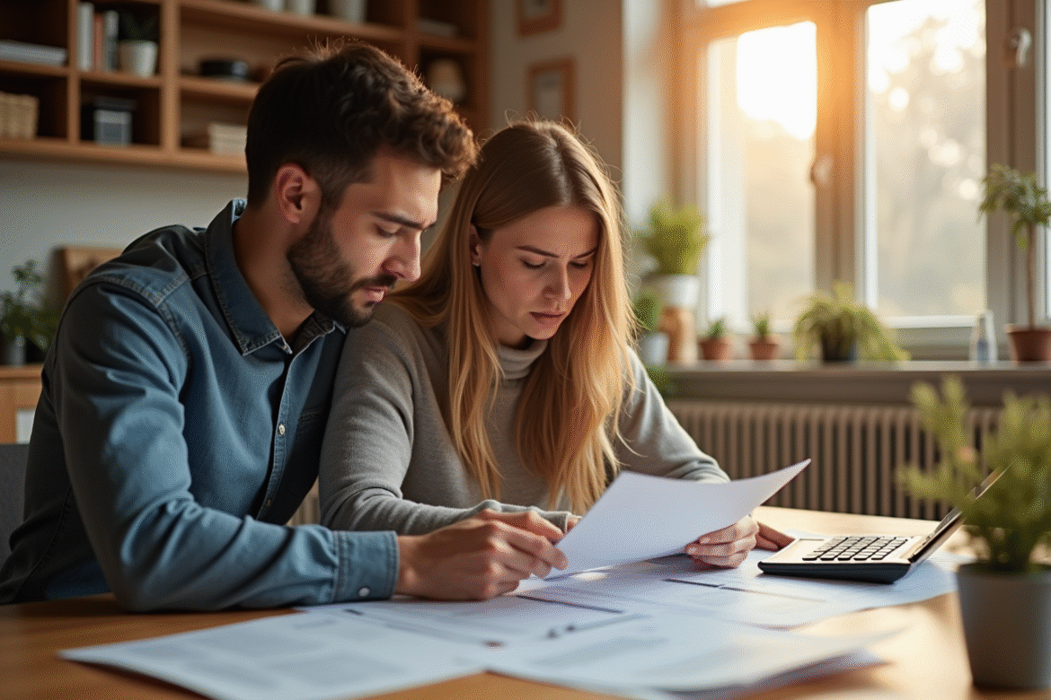 Couple examinant des documents de prêt immobilier au soleil