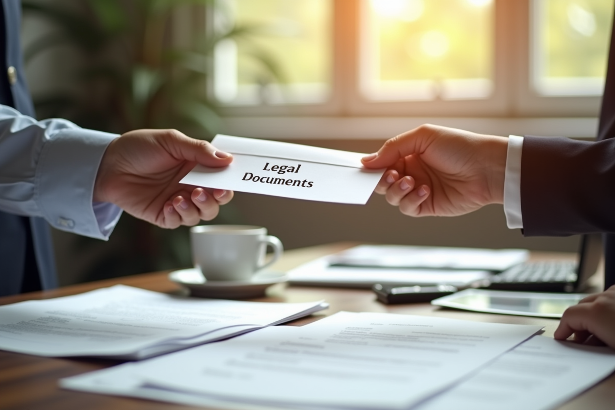 Mains échangeant une enveloppe avec documents légaux dans un espace de travail lumineux