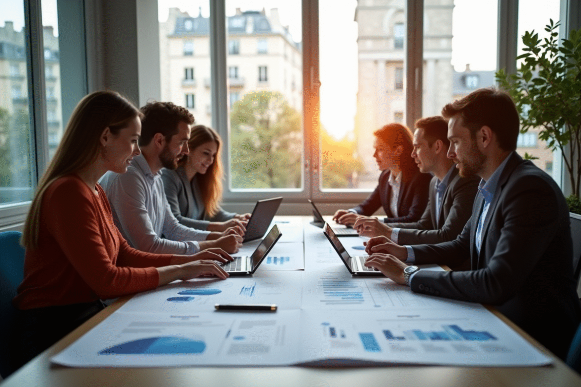 Groupe de professionnels discutant de projets immobiliers modernes