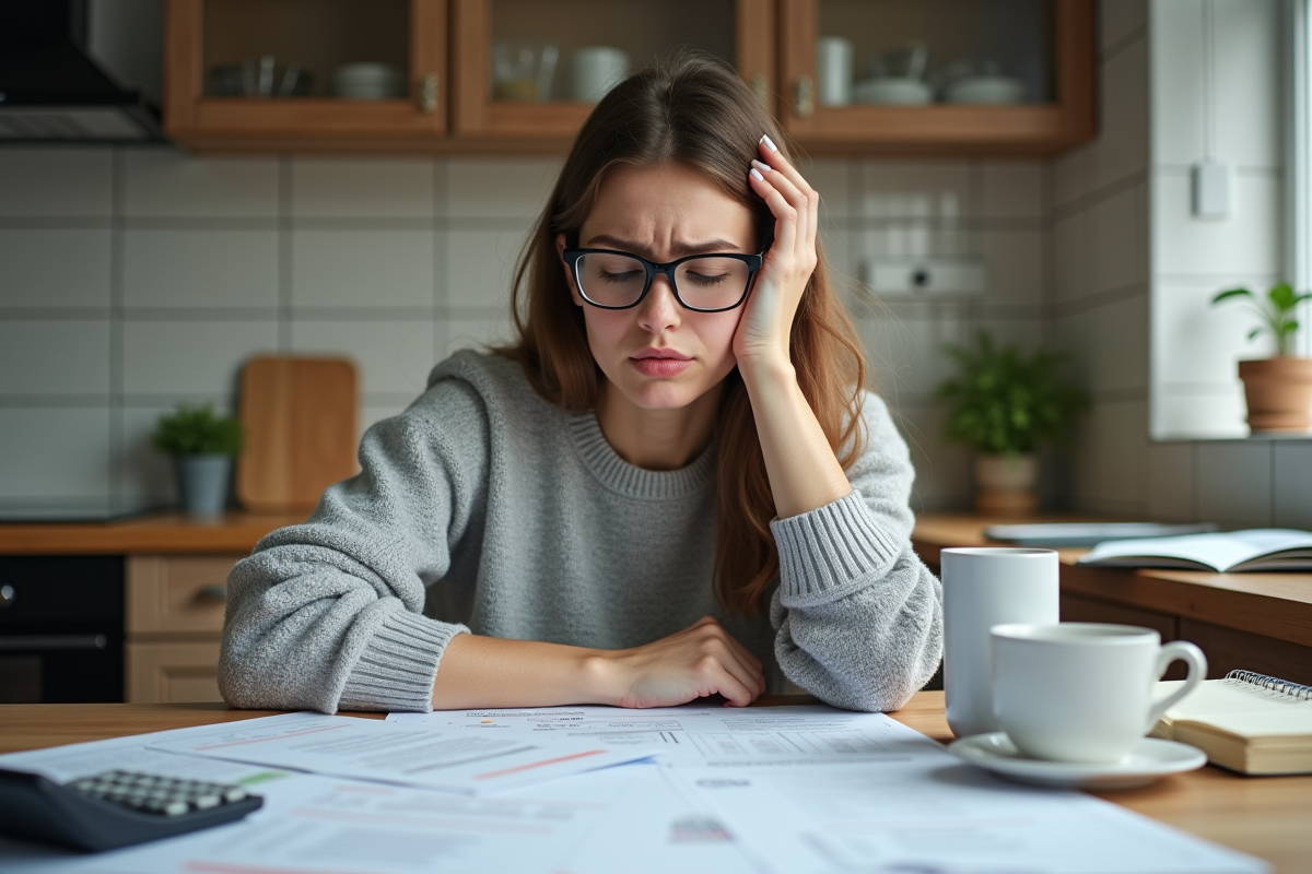 Jeune femme à la cuisine analysant ses formulaires fiscaux
