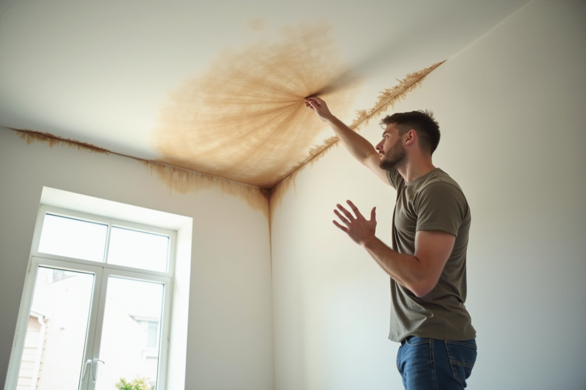 Propriétaire inspectant une tache d'humidite au plafond