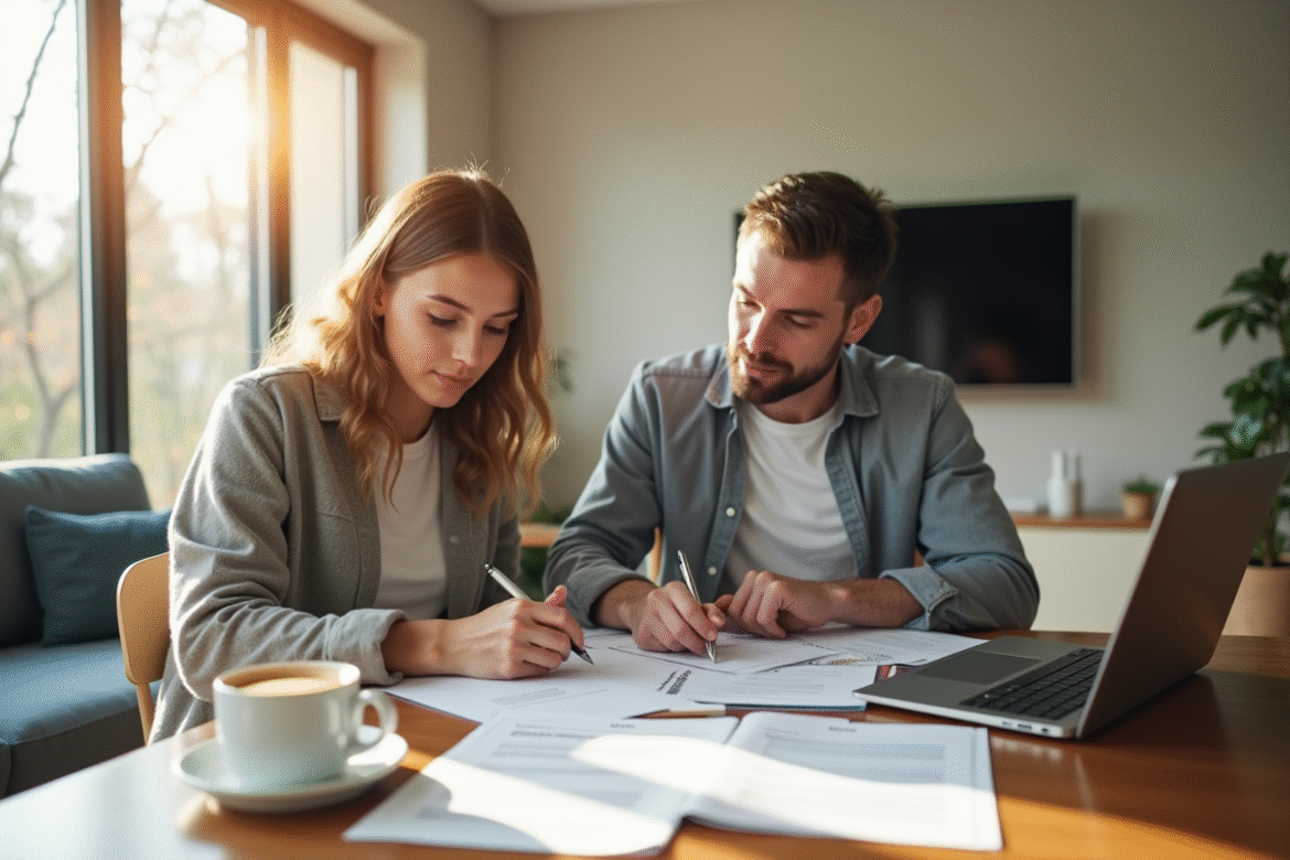 Propriétaire à son bureau dans un salon lumineux en train de remplir des documents d'assurance