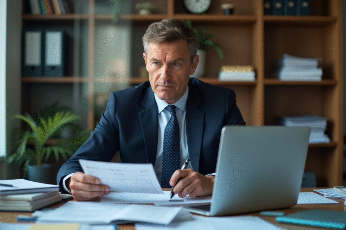 Homme d'affaires en costume examinant des papiers de bureau
