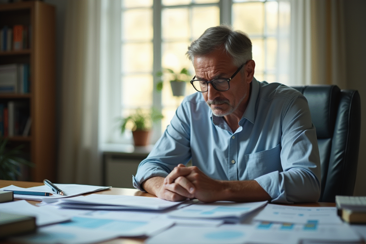Homme inquiet à la maison entouré de documents financiers