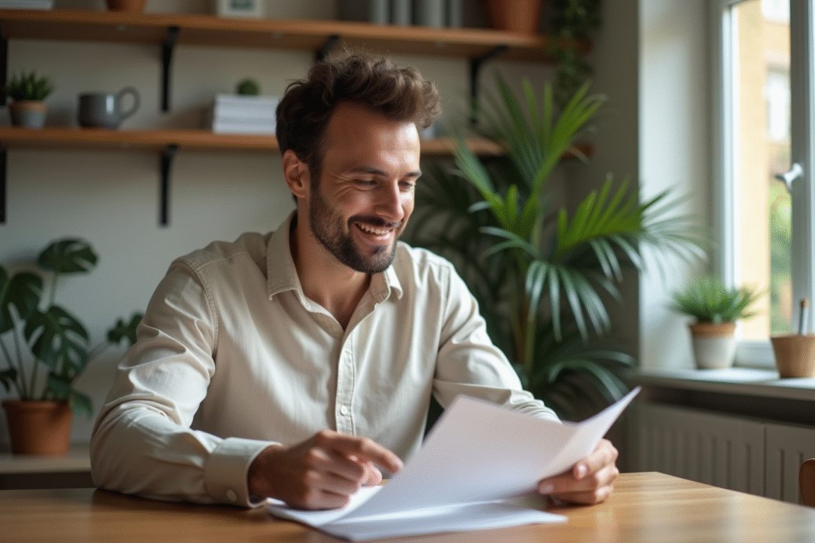 Homme lisant une lettre d'approbation de prêt dans un appartement moderne