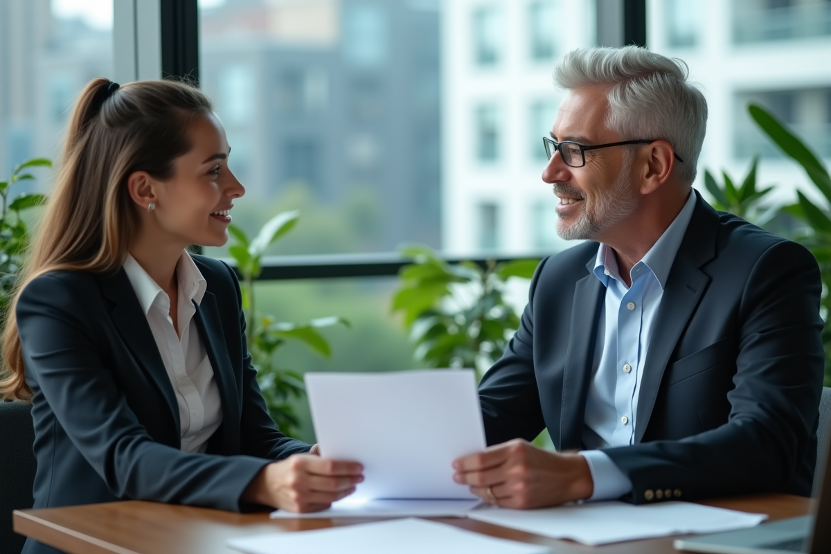 Jeune femme en costume discutant avec un conseiller financier au bureau