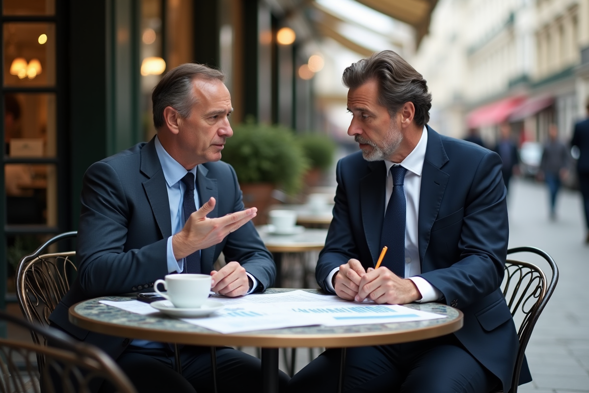 Deux hommes discutent de finances au café parisien
