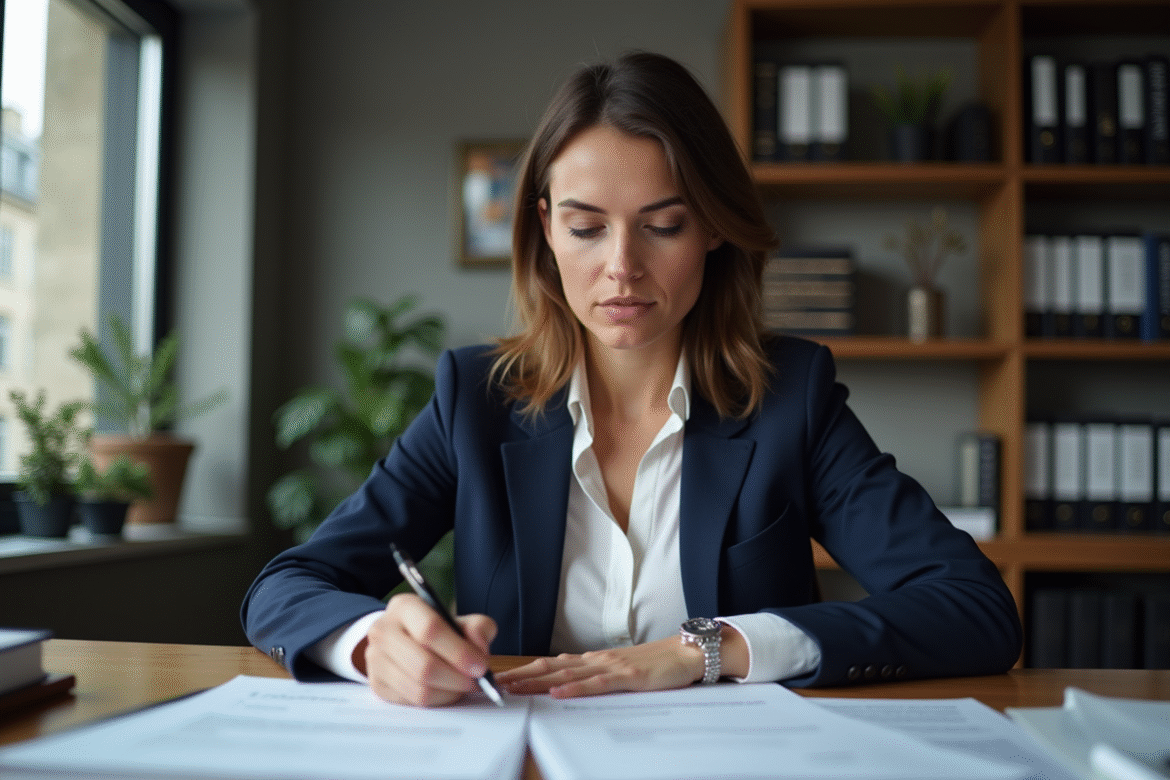 Femme d'affaires française examine documents financiers
