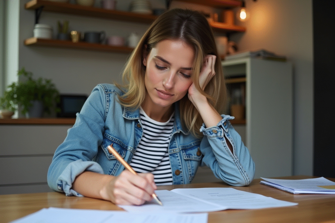 Femme concentrée remplissant un formulaire d'adresse à la maison
