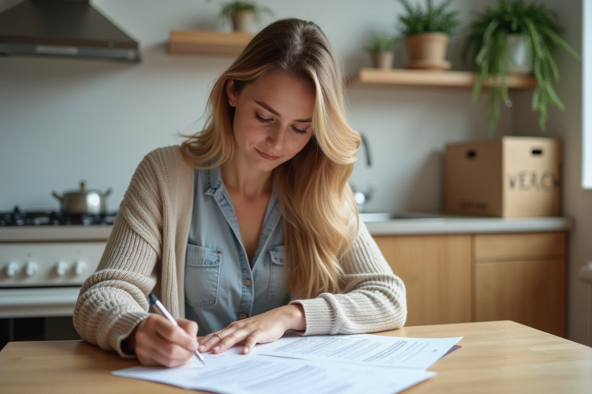 Femme remplissant un formulaire de changement d'adresse dans une cuisine lumineuse