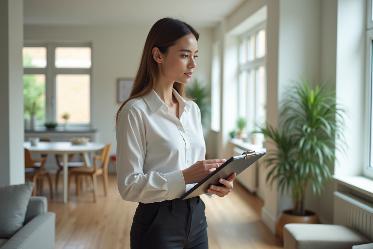 Jeune femme examinant un contrat de location dans un salon lumineux