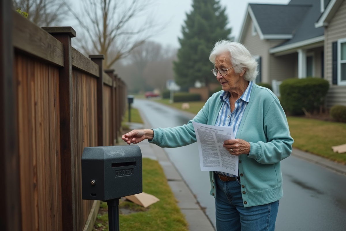 Femme âgée inspecte une clôture endommagée après une tempête