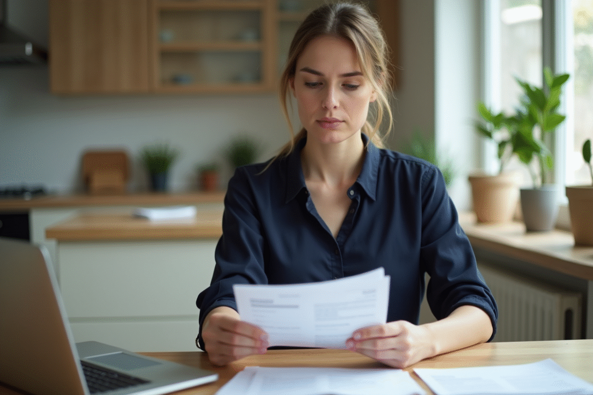 Jeune femme en blouse navy examine ses documents fiscaux