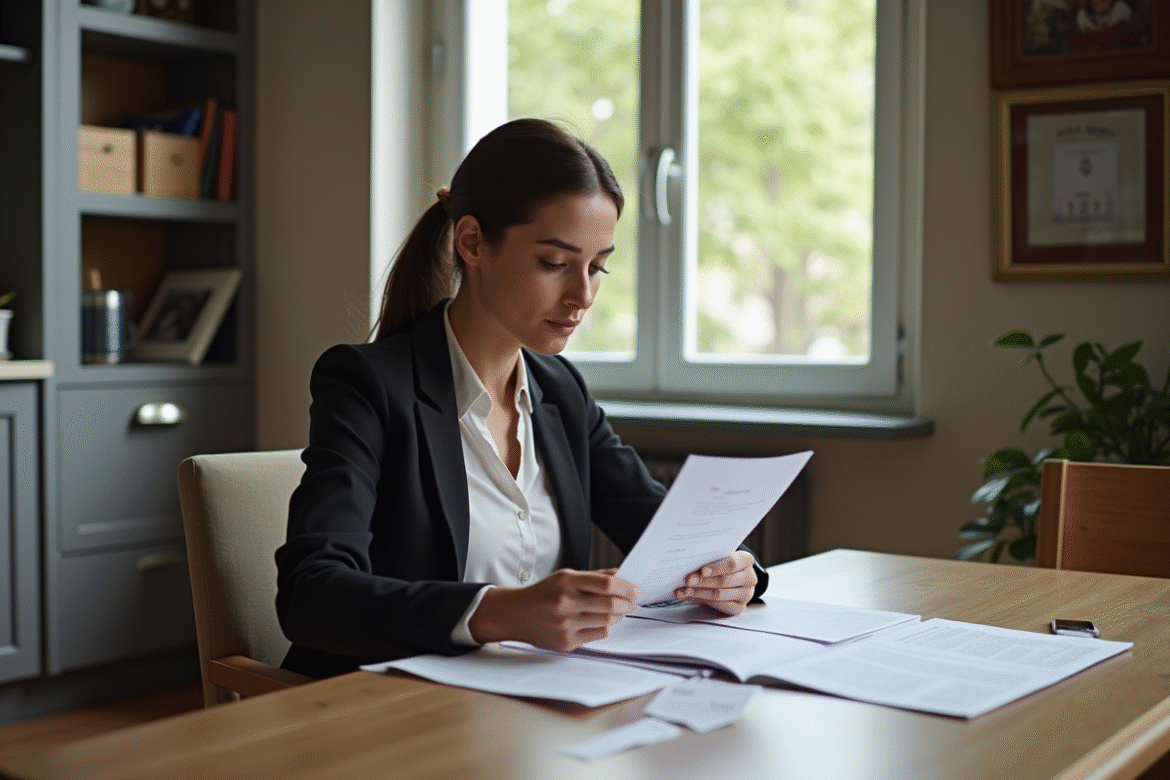 Femme lisant un contrat de location dans un appartement parisien