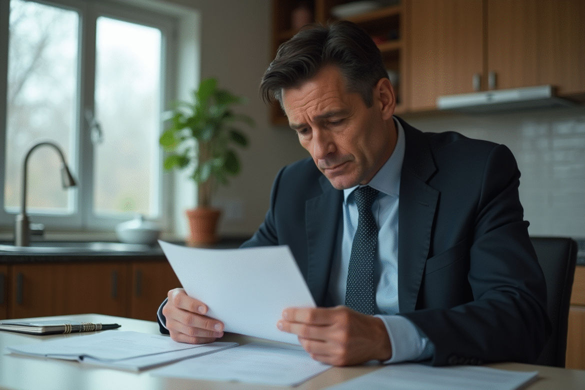 Homme d'affaires en costume examine des documents d'assurance