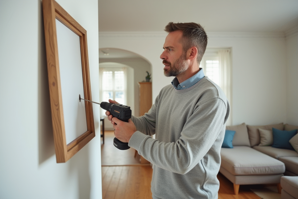Homme d'âge moyen inspectant un trou dans le mur blanc