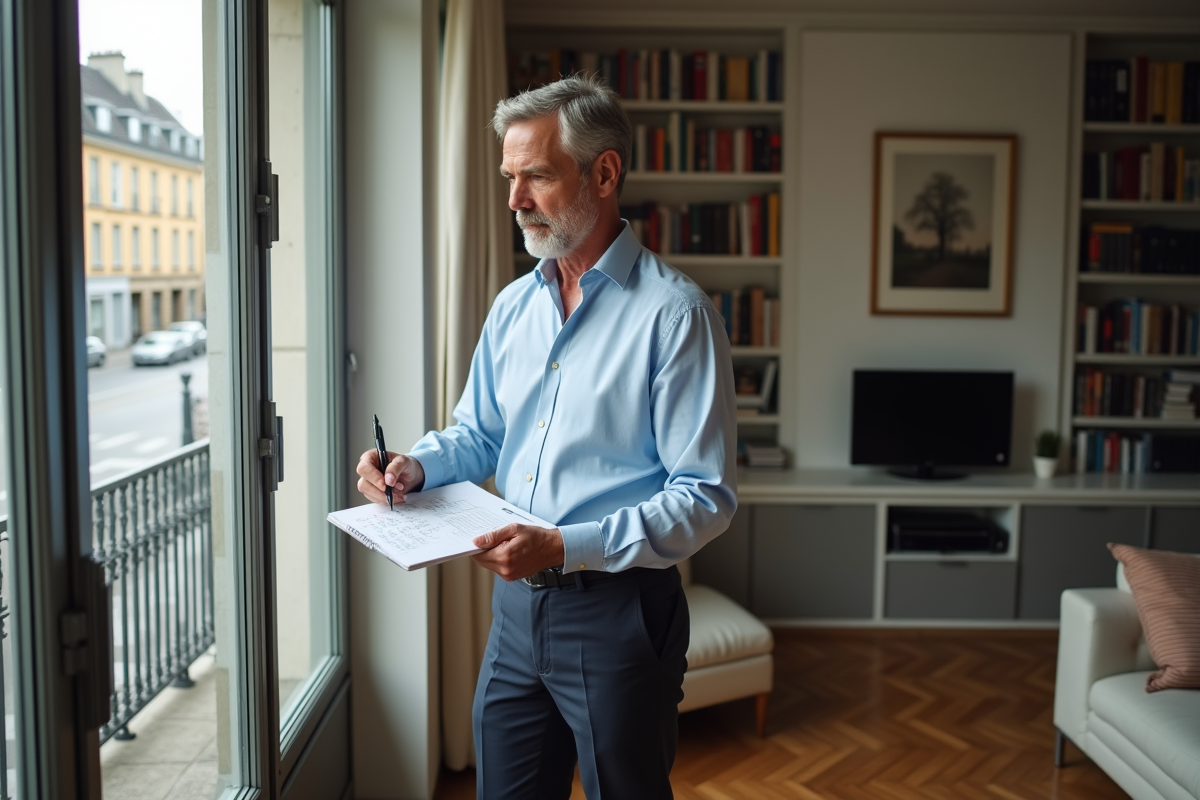 Homme en chemise bleue note des chiffres dans un salon cosy