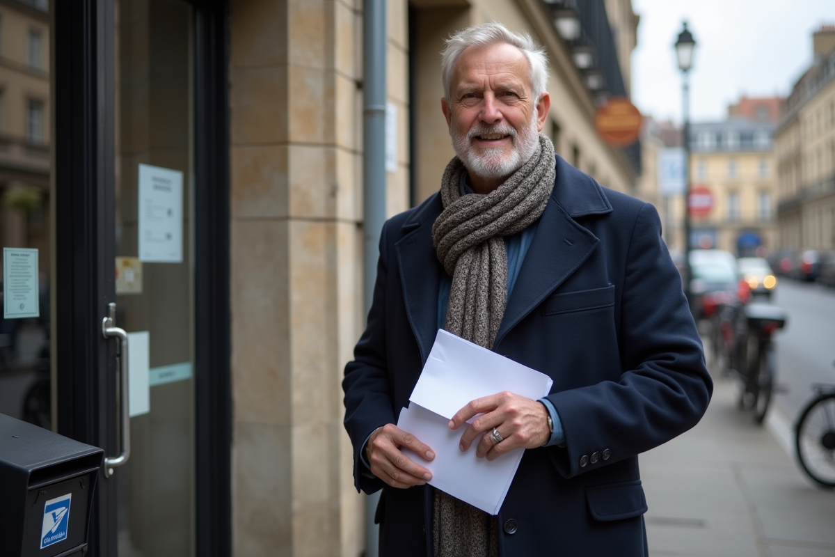 Homme dehors devant un bureau de poste avec documents et enveloppe