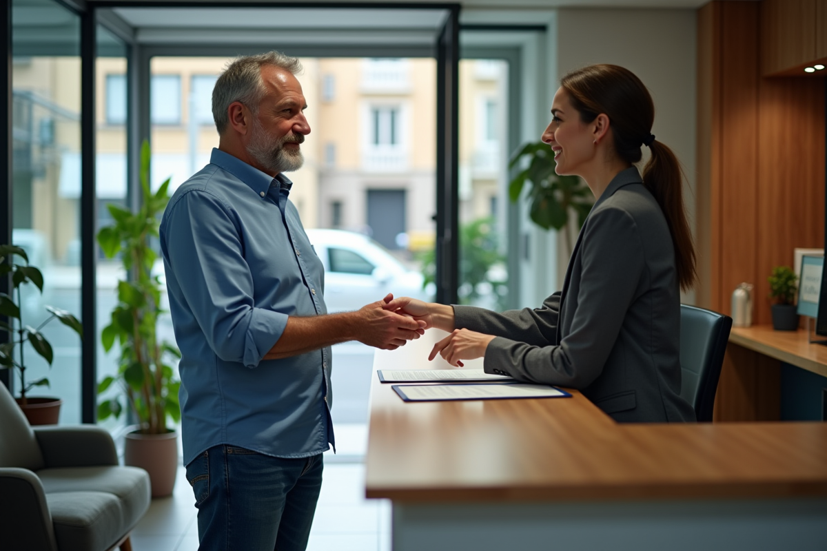 Homme remettant un document signé à une agent immobilier