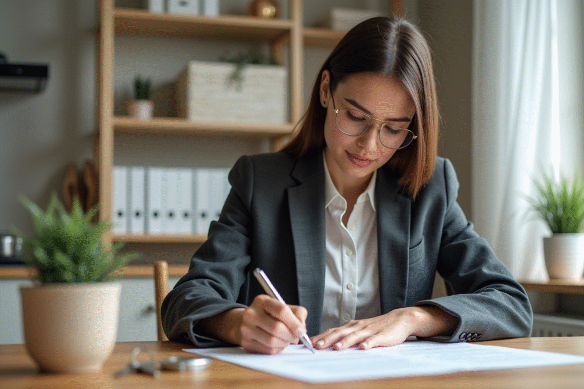 Jeune femme signant un contrat de location dans la cuisine
