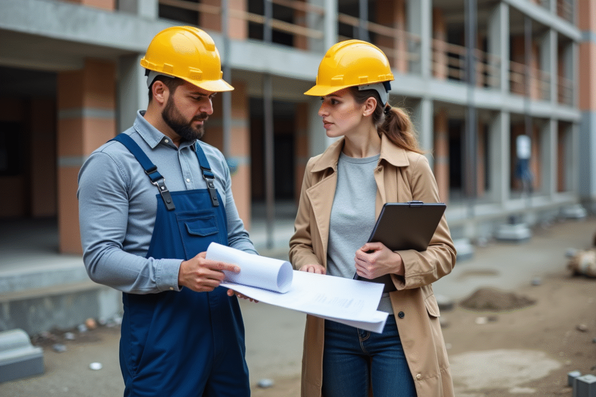 Ouvrier en casque jaune et architecte discutant sur un chantier