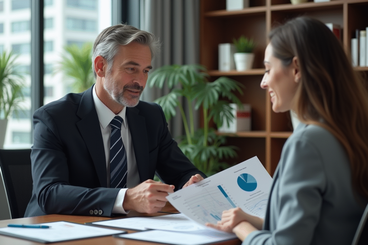 Conseiller financier professionnel avec cliente dans un bureau moderne