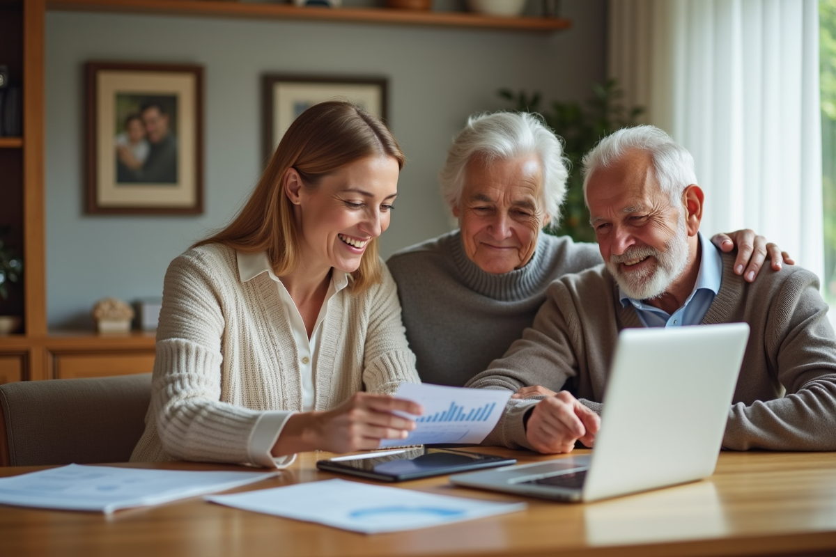 Consultante financière souriante guidant un couple à domicile