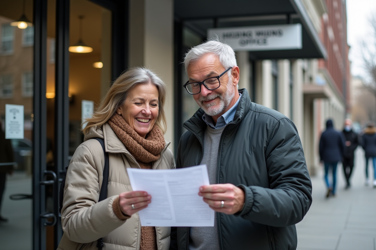 Couple discutant de documents de logement devant une agence