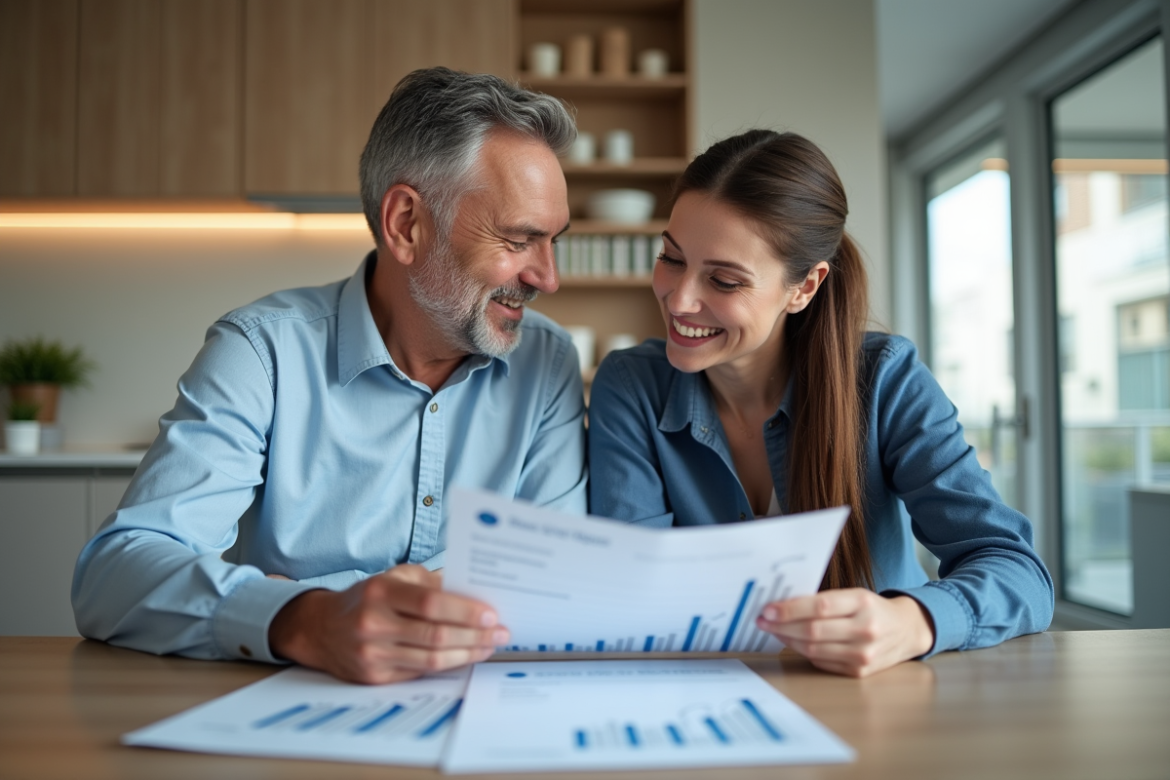 Couple d'adultes examinant des documents immobiliers dans une cuisine moderne