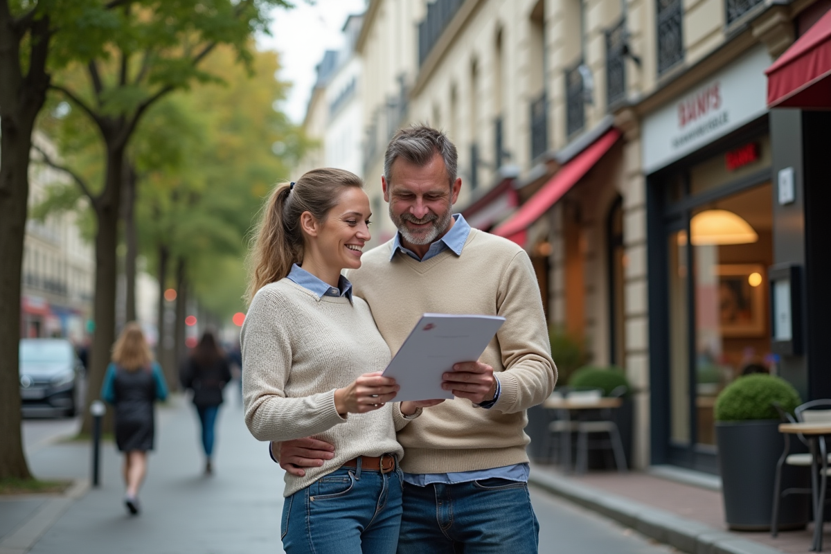 Couple discutant de taux hypothécaires sur une rue parisienne