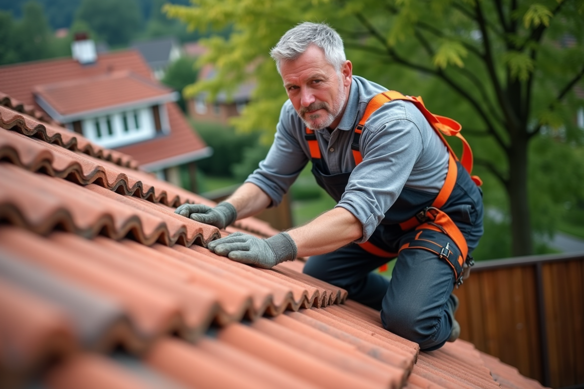 Ouvrier couvreur posant des tuiles en terre cuite sur un toit en pente