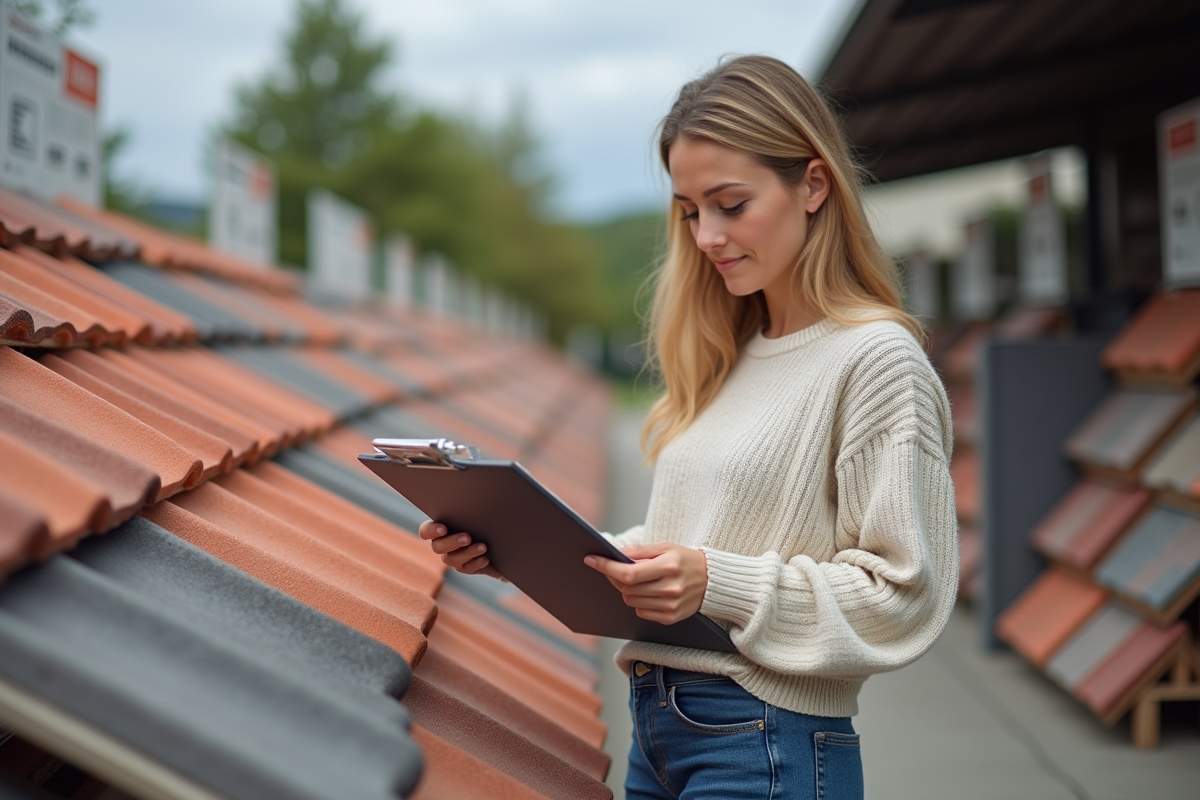 Jeune femme examinant des échantillons de tuiles de toiture en magasin