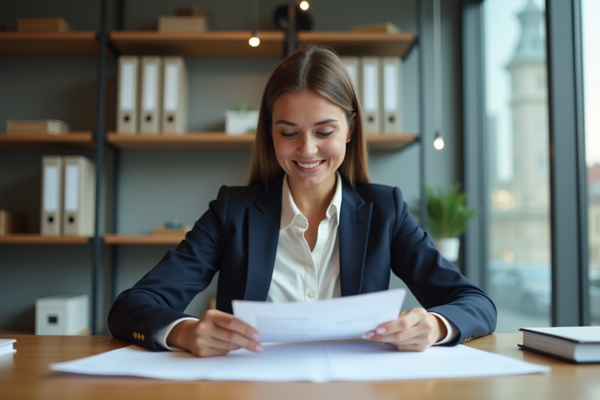 Femme souriante dans une banque française examinant des documents hypothécaires