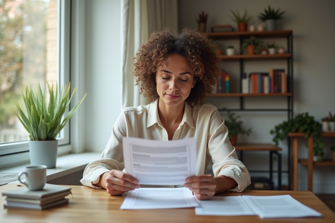 Femme d'âge moyen tenant un contrat de location dans un salon lumineux