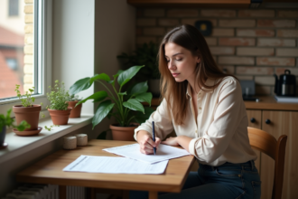 Jeune femme remplissant des formulaires de logement dans un appartement