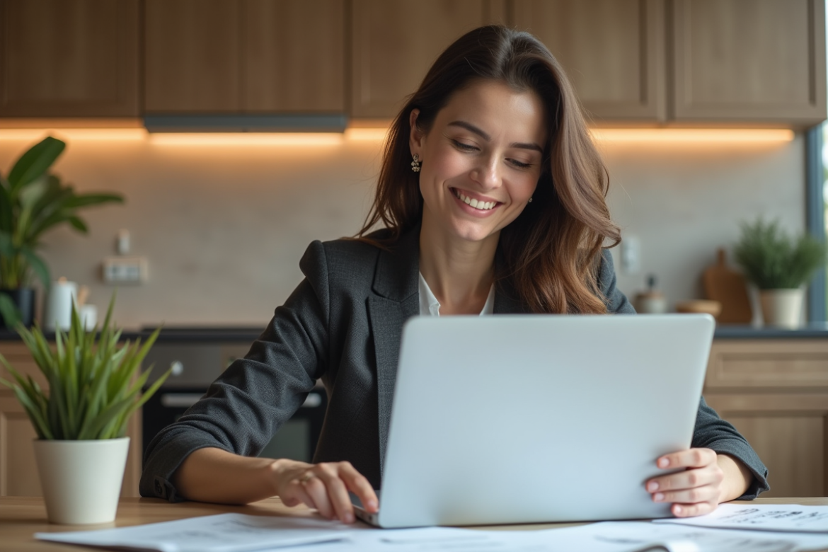 Femme souriante en blazer étudiant des documents immobiliers
