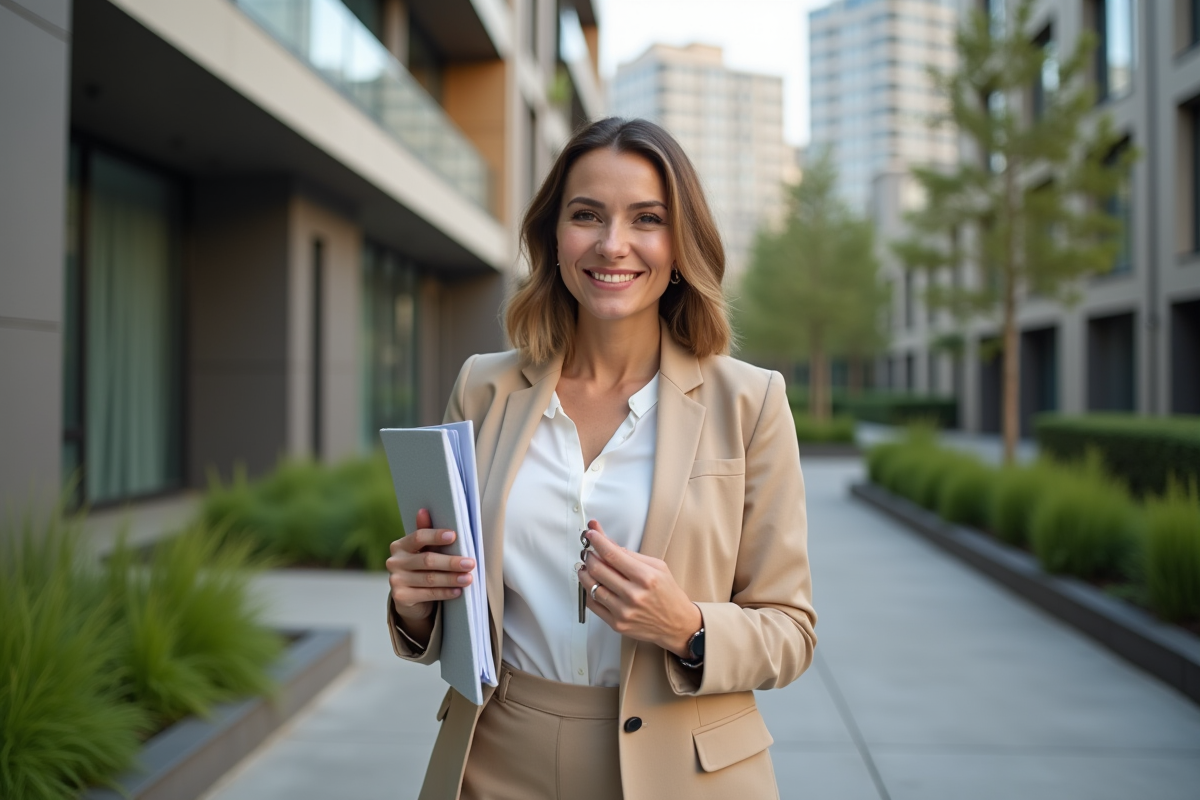 Femme souriante avec clés devant un immeuble moderne