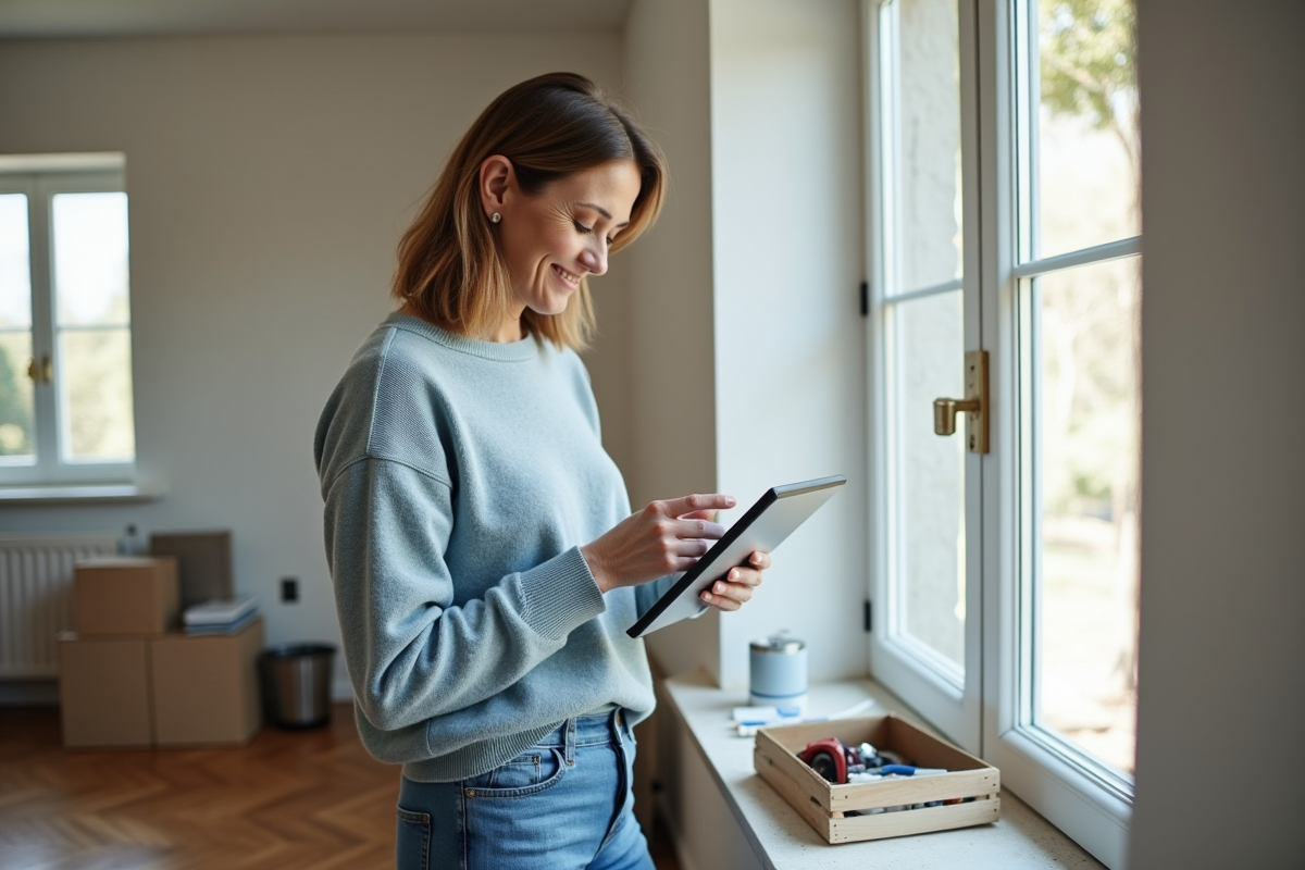 Femme vérifiant ses dépenses de rénovation avec une tablette
