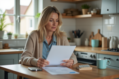 Femme d'âge moyen examine documents d'assurance maison