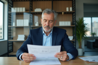 Homme d'affaires en costume bleu examine des documents immobiliers