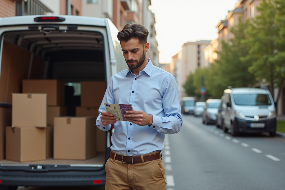 Homme comptant des euros devant un camion de déménagement en ville