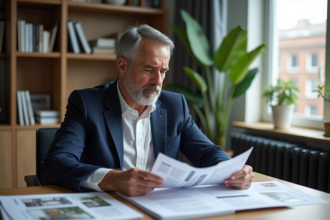 Homme d'âge moyen dans un bureau lisant un document immobilier