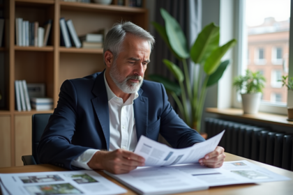 Homme d'âge moyen dans un bureau lisant un document immobilier