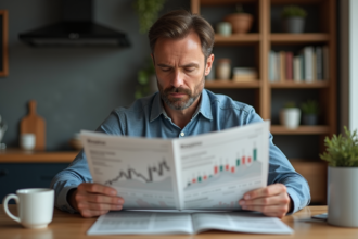 Homme d'âge moyen lisant un journal financier dans une cuisine chaleureuse