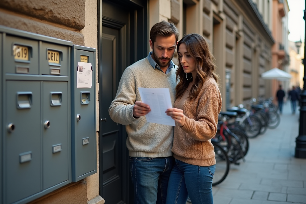 Jeune couple regardant une affiche à l