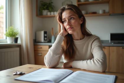 Jeune femme avec documents de location dans une cuisine lumineuse